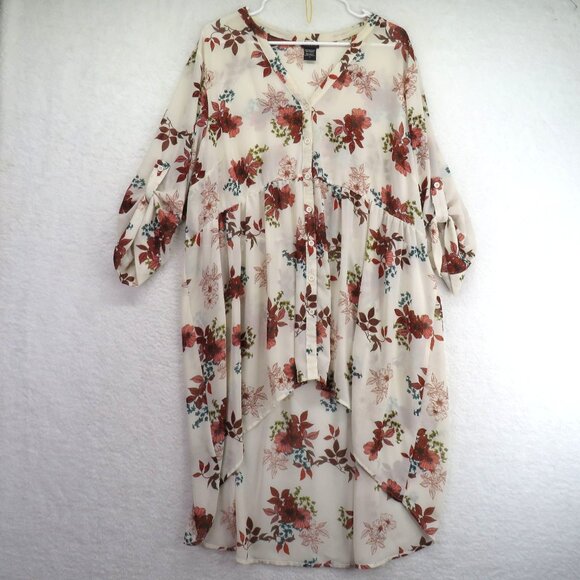 Torrid Shirt Womens Size 3XL Floral High Low Button Front Tunic Ivory Red - Picture 1 of 8